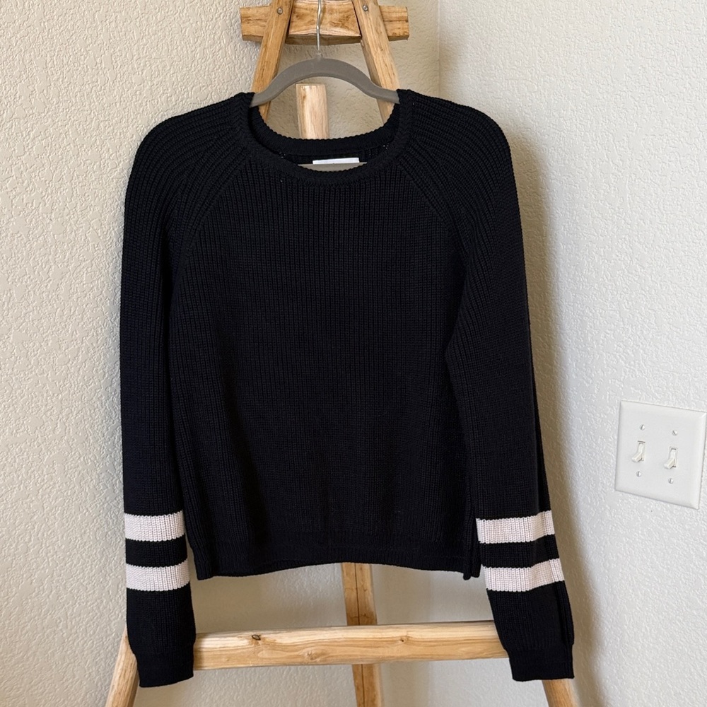 Velvet by Graham & Spencer Black Knit Sweater with White Stripes on Sleeves